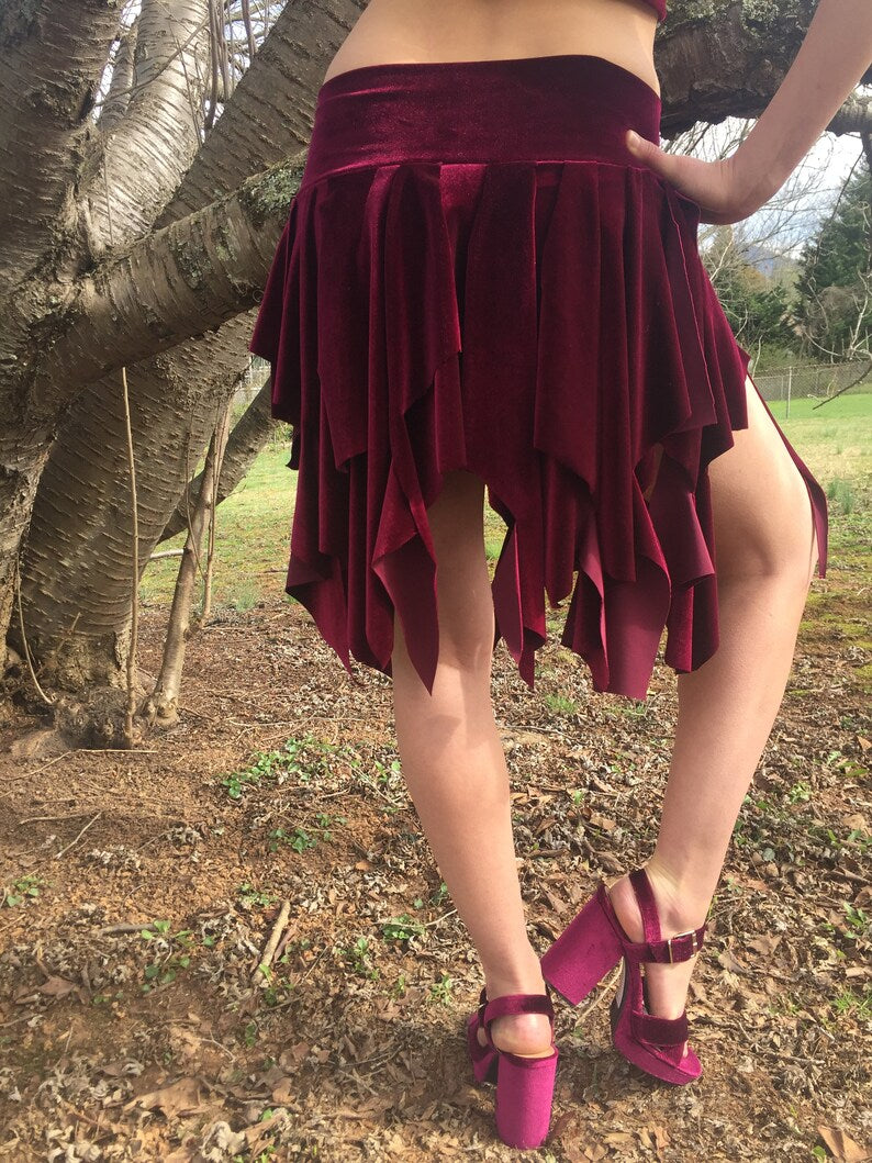 Ragamuffin Velvet Danceskirt Fairy Boho Mini, or Top, Cowl Scarf, Black, White, Brown, Red, Bellydance Skirt, Santa Costume