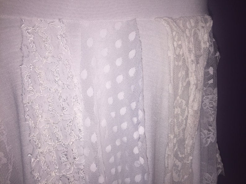 Ragamuffin Fairy Skirt in Lace and Modal, White & Cream, Also Top or Scarf, Tattered Skirt, Angel Fairy Nymph Costume, Boho, Danceskirt