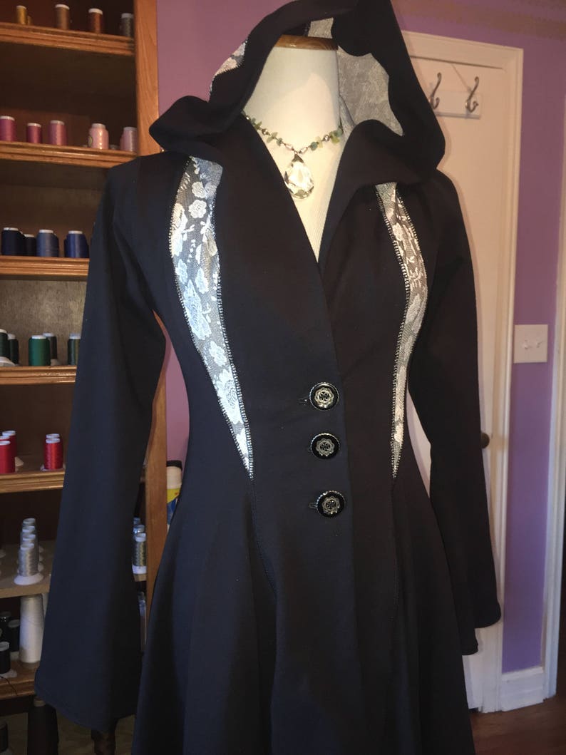 Diana Long Fitted Evening Jacket Hooded Maxi Coat, Buttons, Pockets in Organic Black Cotton Lycra, MEDIUM ONLY, Medieval Renaissance Costume