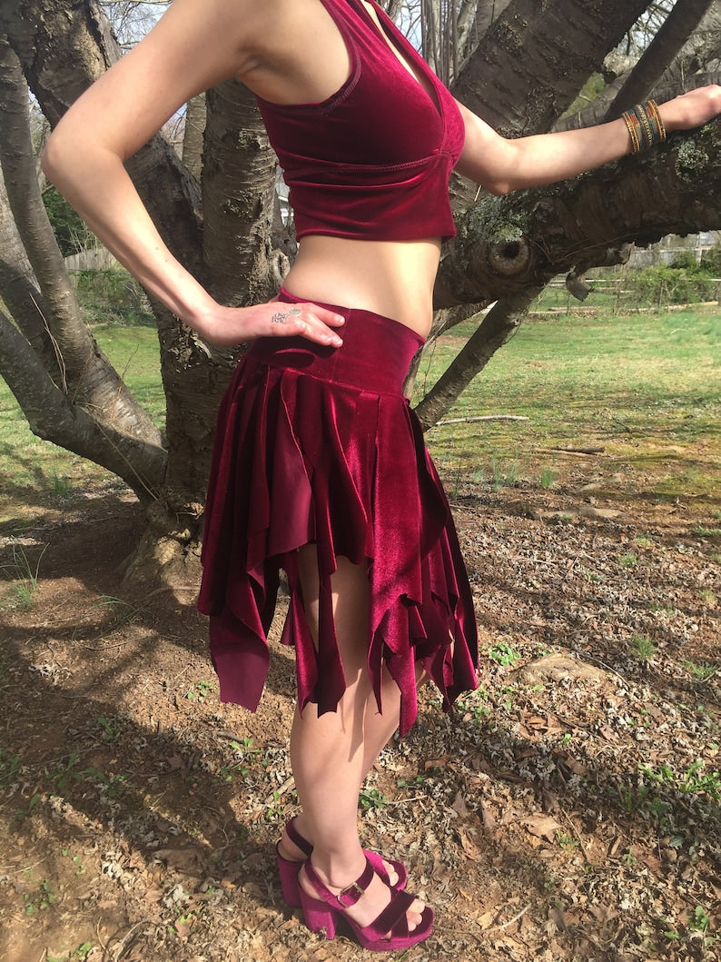 Ragamuffin Velvet Danceskirt Fairy Boho Mini, or Top, Cowl Scarf, Black, White, Brown, Red, Bellydance Skirt, Santa Costume