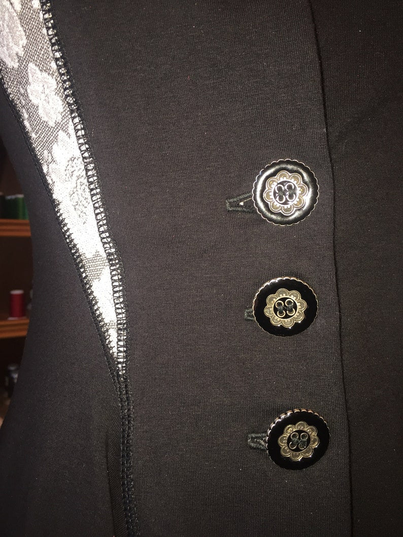 Diana Long Fitted Evening Jacket Hooded Maxi Coat, Buttons, Pockets in Organic Black Cotton Lycra, MEDIUM ONLY, Medieval Renaissance Costume