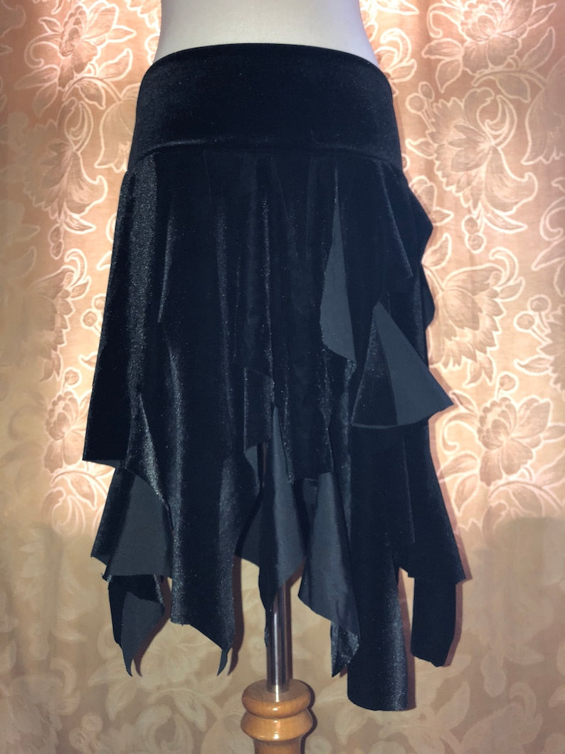 Ragamuffin Velvet Danceskirt Fairy Boho Mini, or Top, Cowl Scarf, Black, White, Brown, Red, Bellydance Skirt, Santa Costume