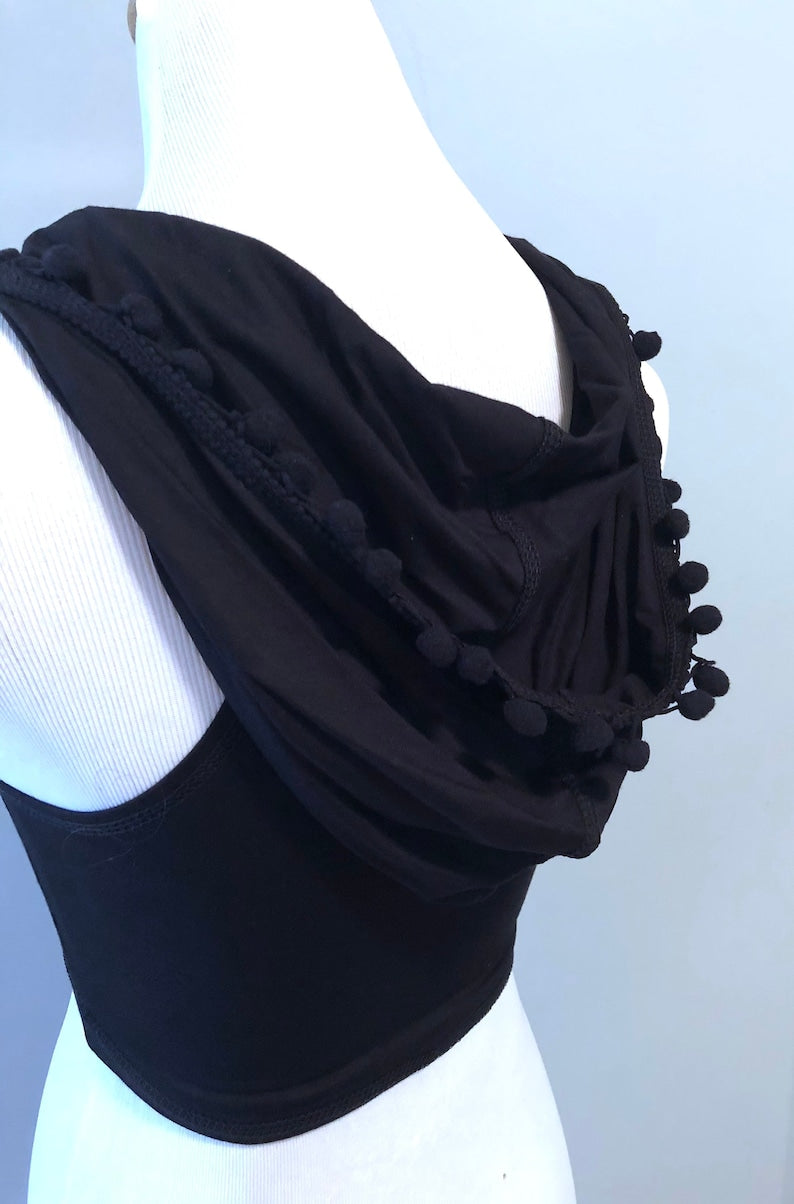Emma Hooded Crop Top with Pompom Trim, Racerback Tank Hoodie, Boho, Hooping, Elven, Fairy, Burning Man, Festival Costume, Other Colors