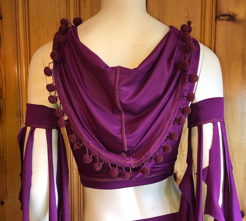 Emma Hooded Crop Top with Pompom Trim, Racerback Tank Hoodie, Boho, Hooping, Elven, Fairy, Burning Man, Festival Costume, Other Colors