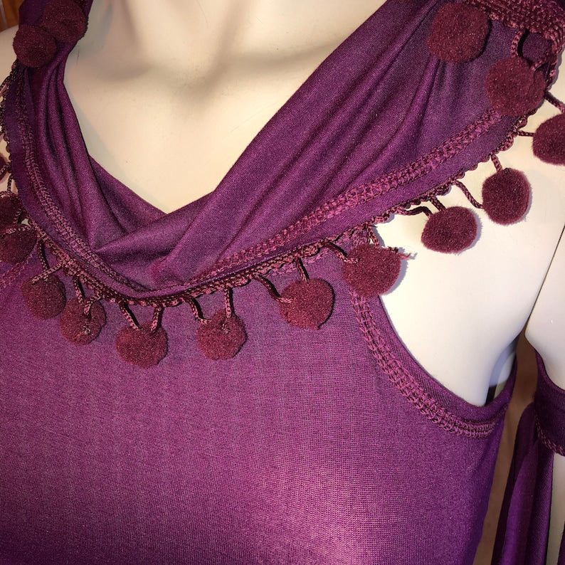Emma Hooded Crop Top with Pompom Trim, Racerback Tank Hoodie, Boho, Hooping, Elven, Fairy, Burning Man, Festival Costume, Other Colors