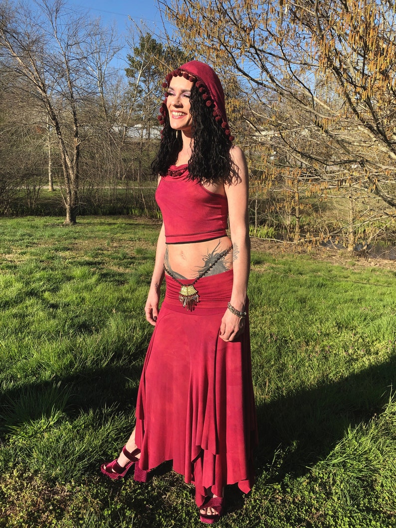 Hand-Dyed Isadora Multi Paneled Fairy, Boho Skirt, SMALL Only, Stretch Modal In Raspberry, Dancewear, Performance, Ceremonial, Priestess