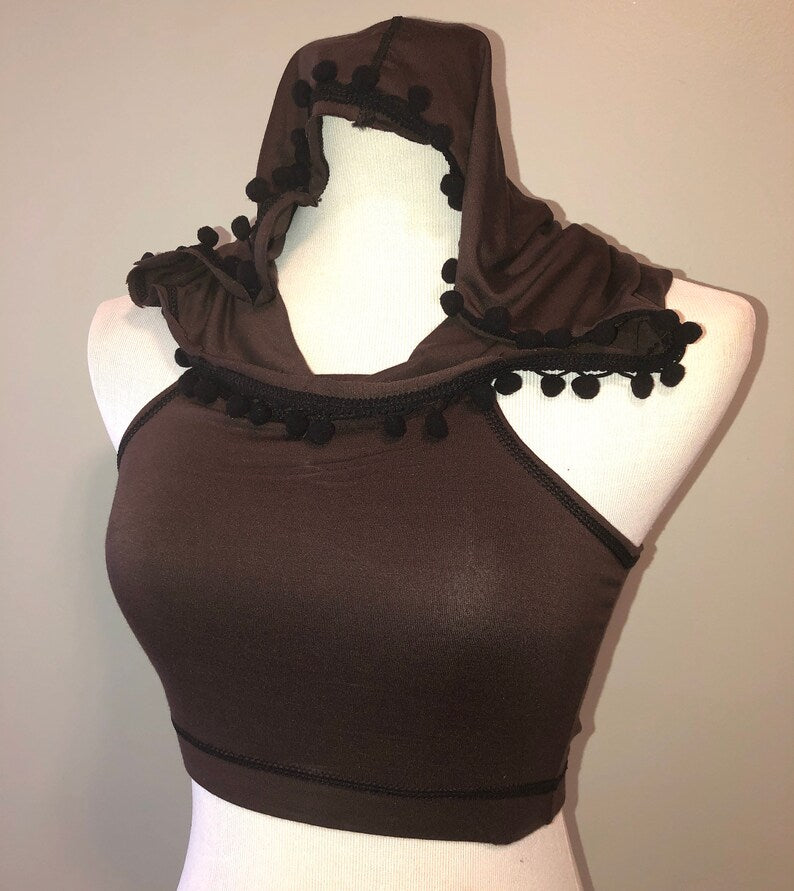 Emma Hooded Crop Top with Pompom Trim, Racerback Tank Hoodie, Boho, Hooping, Elven, Fairy, Burning Man, Festival Costume, Other Colors