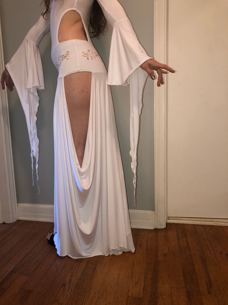 Priestess dress, medieval, ceremonial, perfomance, dancewear, soft stretch modal, hand-printed and diamante hip/waistband, also in black