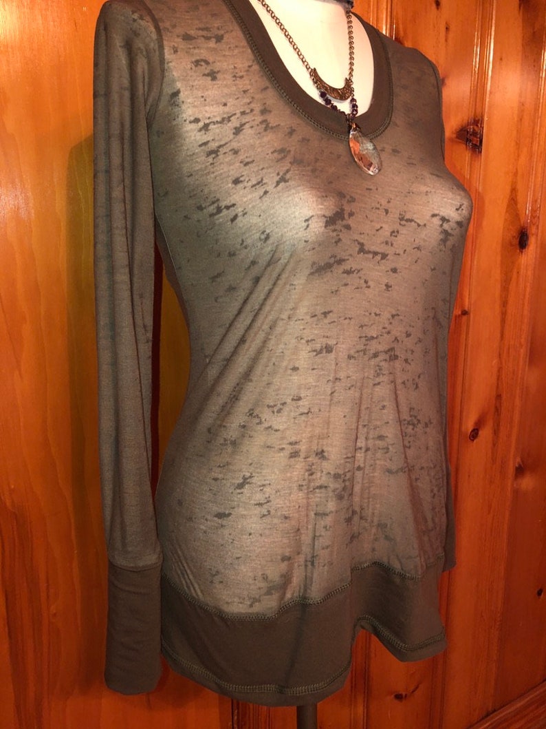 Sheer Scoop Neck, Cotton Lycra Stretch Knit, T shirt top, Long Line Tunic, Long Sleeves, Boho, Scrunch Cuffs, See-Through Woodland Fairy
