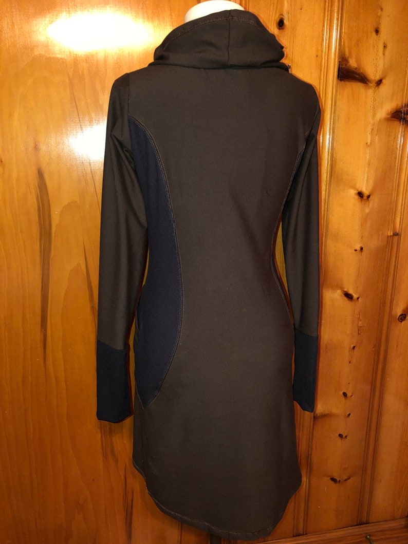 The Zoe Hoodie Cowl Neck Dress, Stretch Cotton Lycra, Shaped Torso, Pockets, Long Sleeves, Scrunch Cuffs, Athleisure