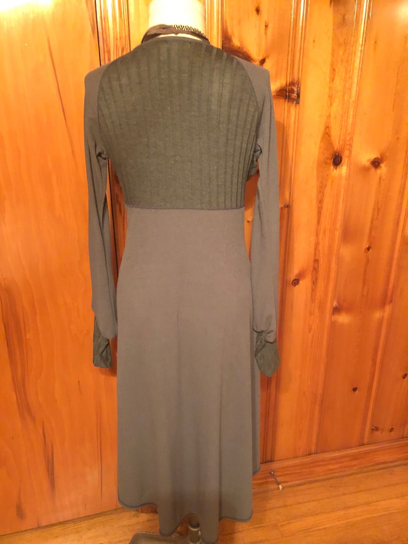 Willow Dress - Long Bell Sleeves, Cloud Grey Stretch Knit, Flowy, Winter Boho, Subtle Bodice Stripes