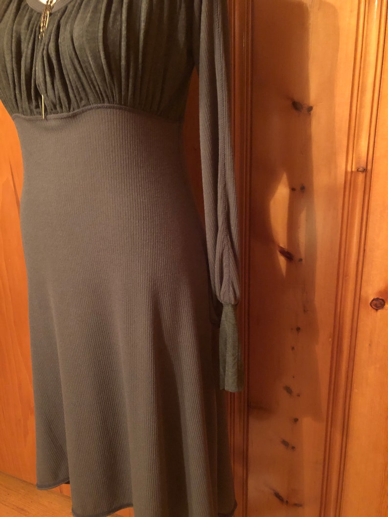 Willow Dress - Long Bell Sleeves, Cloud Grey Stretch Knit, Flowy, Winter Boho, Subtle Bodice Stripes