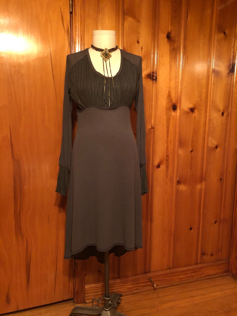 Willow Dress - Long Bell Sleeves, Cloud Grey Stretch Knit, Flowy, Winter Boho, Subtle Bodice Stripes