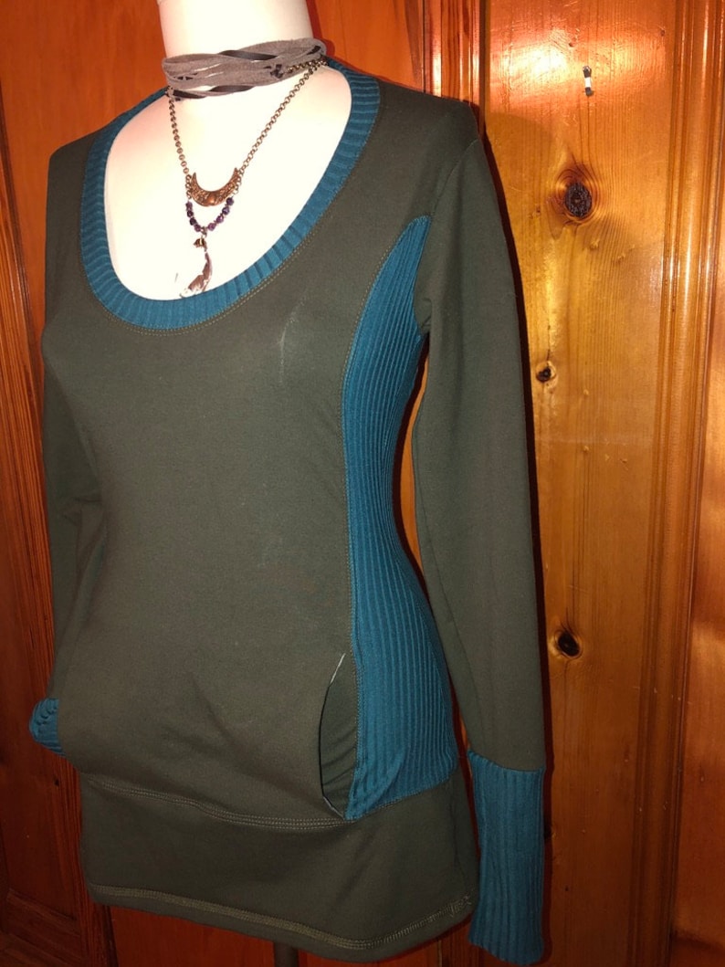 Cotton Lycra Scoop Neck, Kangaroo Pocket, Rib Stretch Knit, Shaped Torso, Olive Long Tunic, Boho, Scrunch Cuffs, Woodland Fairy, Small Only