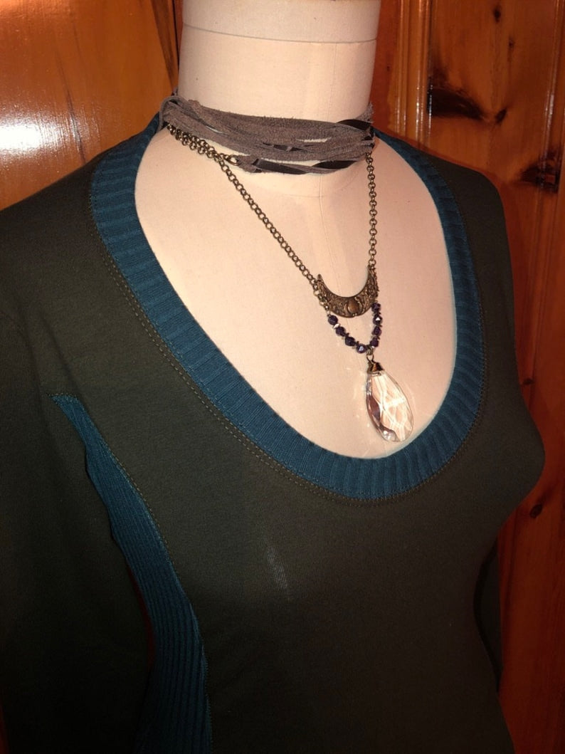 Cotton Lycra Scoop Neck, Kangaroo Pocket, Rib Stretch Knit, Shaped Torso, Olive Long Tunic, Boho, Scrunch Cuffs, Woodland Fairy, Small Only