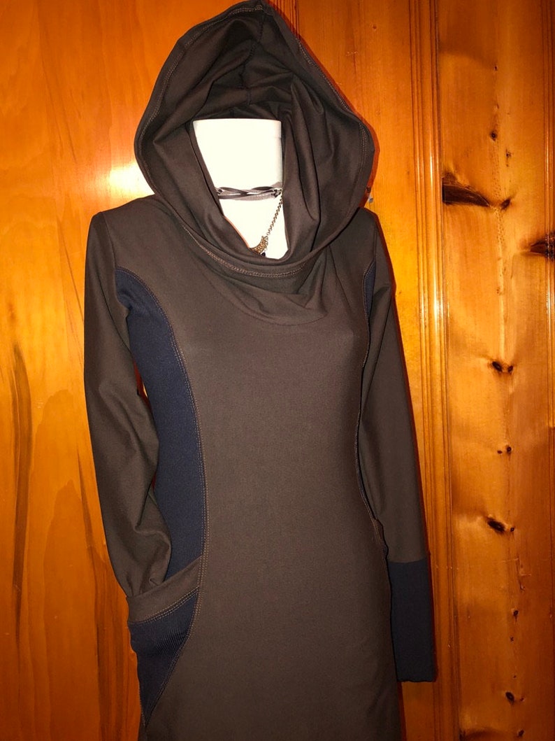 The Zoe Hoodie Cowl Neck Dress, Stretch Cotton Lycra, Shaped Torso, Pockets, Long Sleeves, Scrunch Cuffs, Athleisure