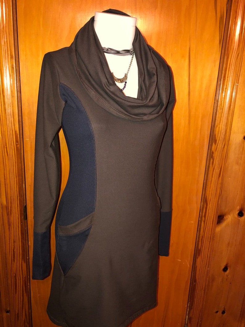 The Zoe Hoodie Cowl Neck Dress, Stretch Cotton Lycra, Shaped Torso, Pockets, Long Sleeves, Scrunch Cuffs, Athleisure