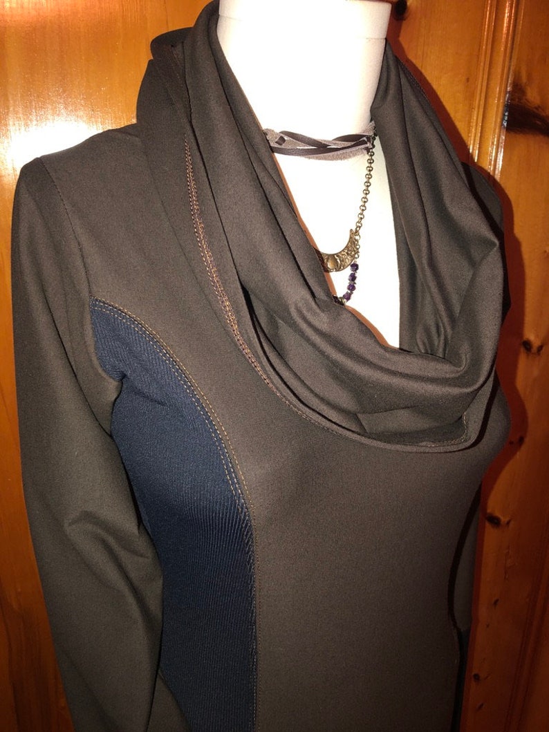 The Zoe Hoodie Cowl Neck Dress, Stretch Cotton Lycra, Shaped Torso, Pockets, Long Sleeves, Scrunch Cuffs, Athleisure