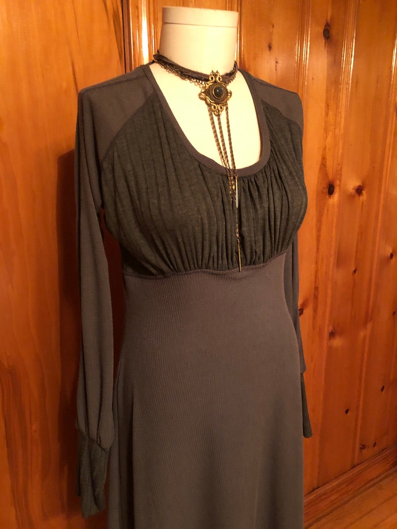 Willow Dress - Long Bell Sleeves, Cloud Grey Stretch Knit, Flowy, Winter Boho, Subtle Bodice Stripes