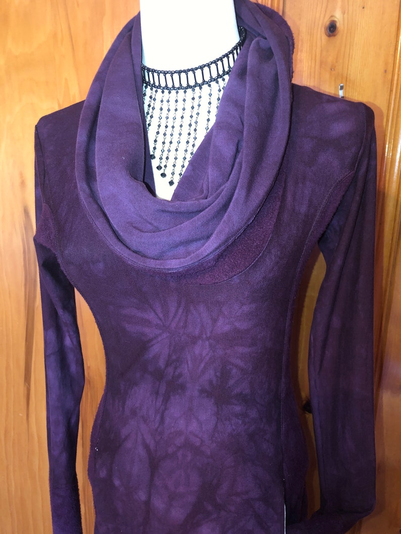 Hand Dyed Hemp/Bamboo Hoodie Cowl Neck, Terry, Shaped Torso, Kangaroo Pocket, Long Line Tunic, Long Sleeves Scrunch Cuffs, Athleisure