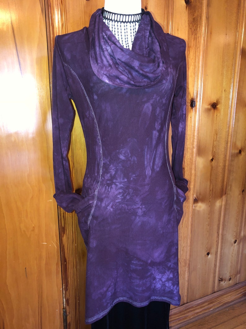 Hand Dyed, Bamboo/Hemp Hoodie Cowl Neck Dress, Stretch Terry and Jersey Shaped Torso, Pockets, Long Sleeves, Scrunch Cuffs, Athleisure