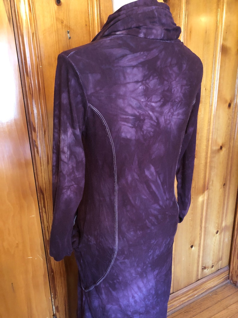 Hand Dyed, Bamboo/Hemp Hoodie Cowl Neck Dress, Stretch Terry and Jersey Shaped Torso, Pockets, Long Sleeves, Scrunch Cuffs, Athleisure