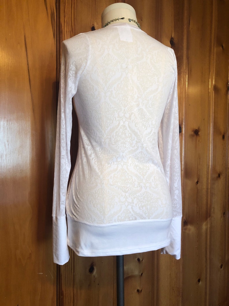 Sheer Scoop Neck, White Damask Print, Burn-Out Stretch Knit, T shirt top, Long Line Tunic, Long Sleeves, Boho, Scrunch Cuffs, Ethereal Fairy