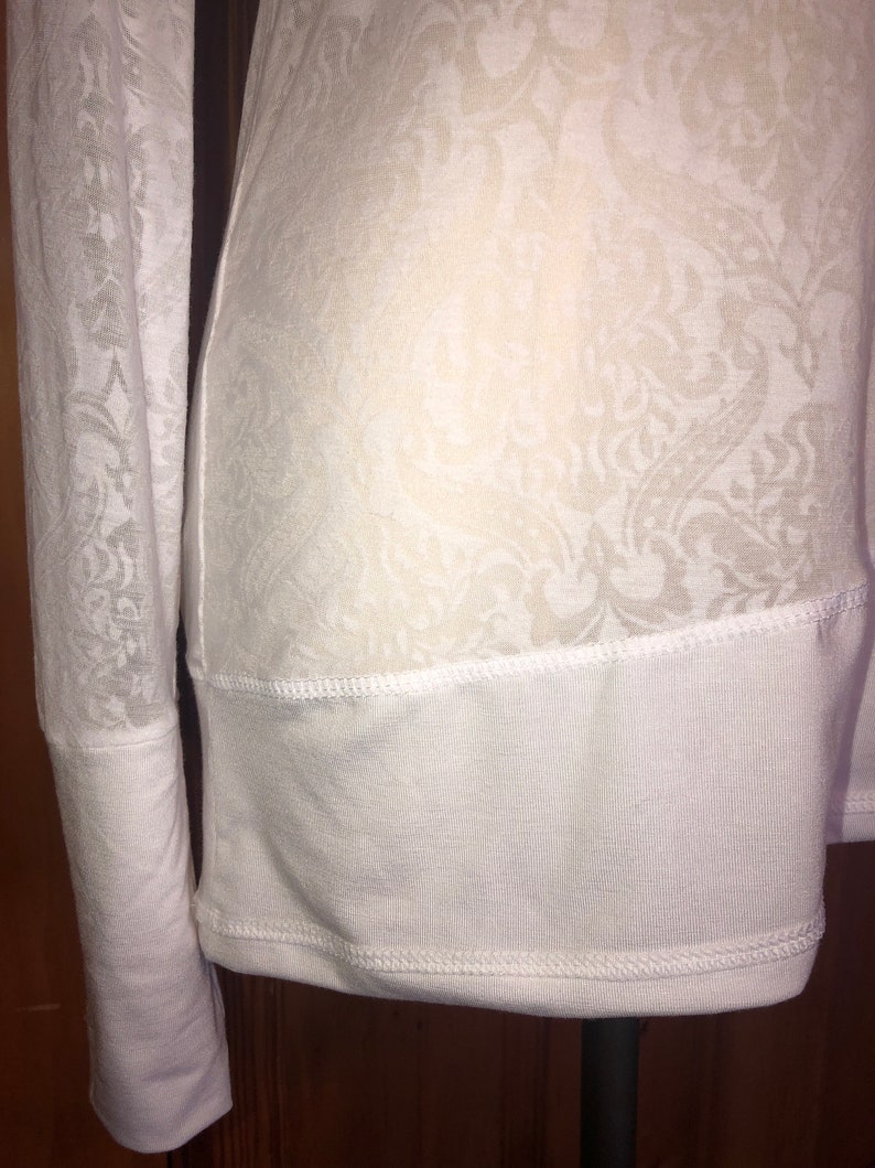 Sheer Scoop Neck, White Damask Print, Burn-Out Stretch Knit, T shirt top, Long Line Tunic, Long Sleeves, Boho, Scrunch Cuffs, Ethereal Fairy