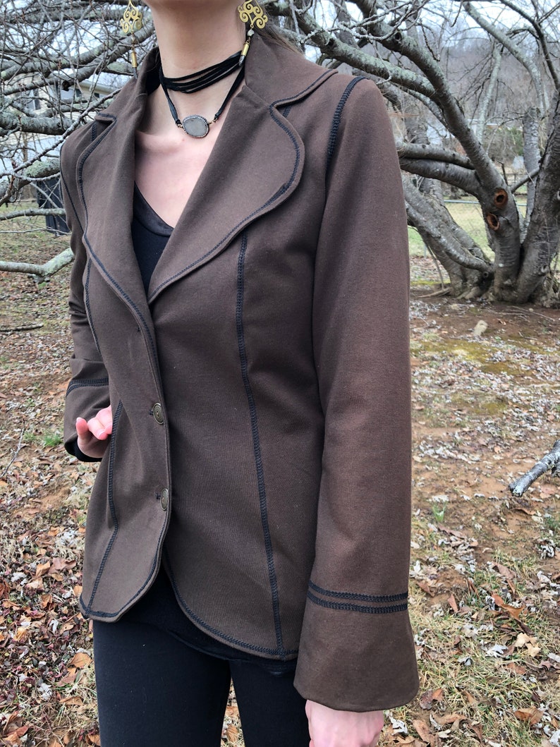 Steampunk Lined Jacket SMALL Only, Stretch Brown Cotton Lycra, Office Blazer Single Breasted Long Fitted Jacket, Brass Buttons