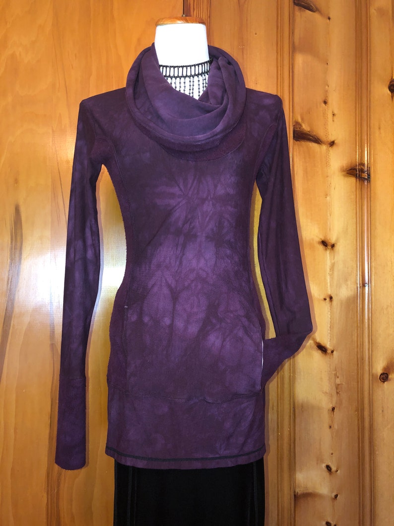 Hand Dyed Hemp/Bamboo Hoodie Cowl Neck, Terry, Shaped Torso, Kangaroo Pocket, Long Line Tunic, Long Sleeves Scrunch Cuffs, Athleisure