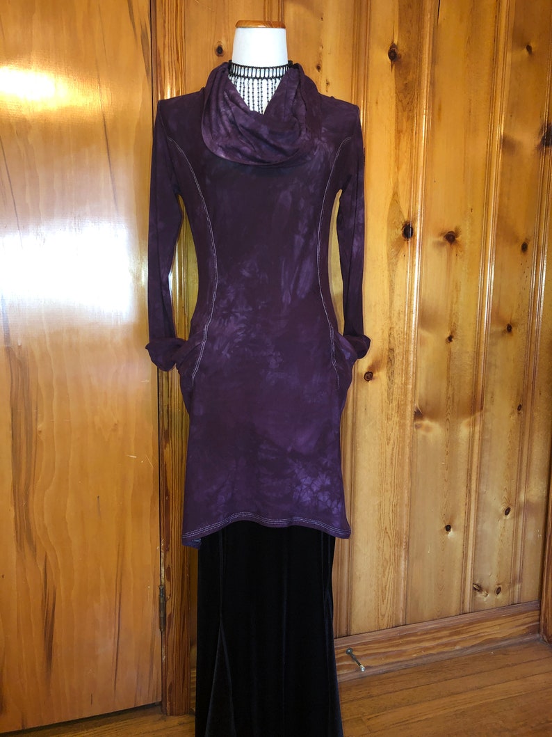 Hand Dyed, Bamboo/Hemp Hoodie Cowl Neck Dress, Stretch Terry and Jersey Shaped Torso, Pockets, Long Sleeves, Scrunch Cuffs, Athleisure