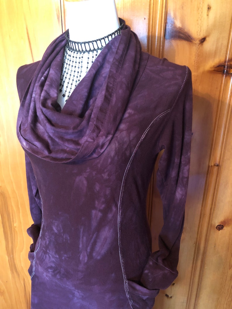 Hand Dyed, Bamboo/Hemp Hoodie Cowl Neck Dress, Stretch Terry and Jersey Shaped Torso, Pockets, Long Sleeves, Scrunch Cuffs, Athleisure
