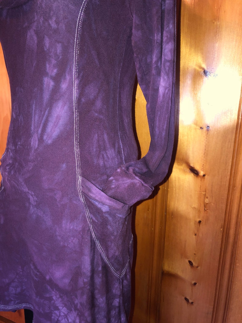 Hand Dyed, Bamboo/Hemp Hoodie Cowl Neck Dress, Stretch Terry and Jersey Shaped Torso, Pockets, Long Sleeves, Scrunch Cuffs, Athleisure