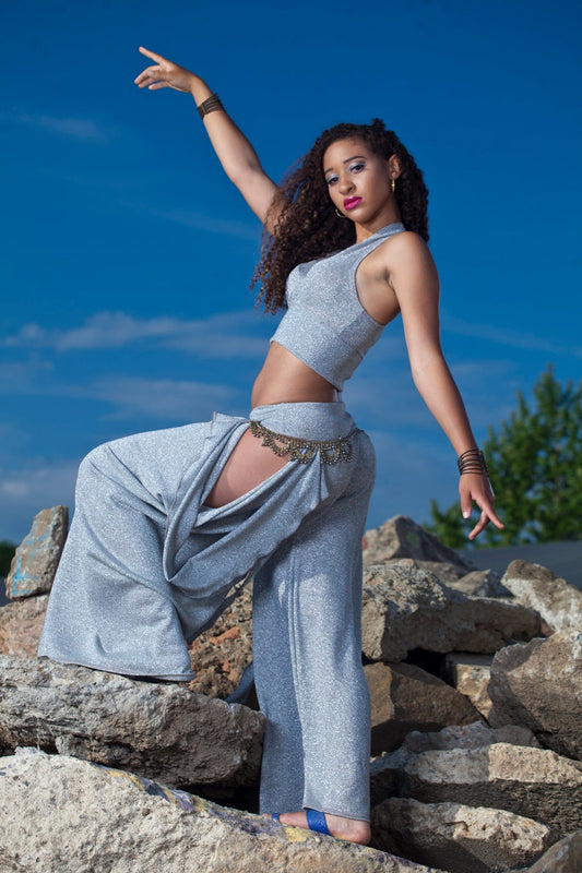 Silver Sparkle Sakura Open Hip Dance Pants, Low Rise, Wide Leg Flare, Bellydance Performance wear, Boho, Fairy, Elven, Burning Man, Harem