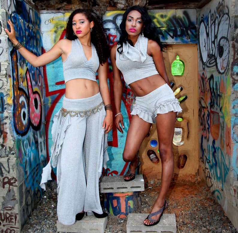 Silver Sparkle Sakura Open Hip Dance Pants, Low Rise, Wide Leg Flare, Bellydance Performance wear, Boho, Fairy, Elven, Burning Man, Harem