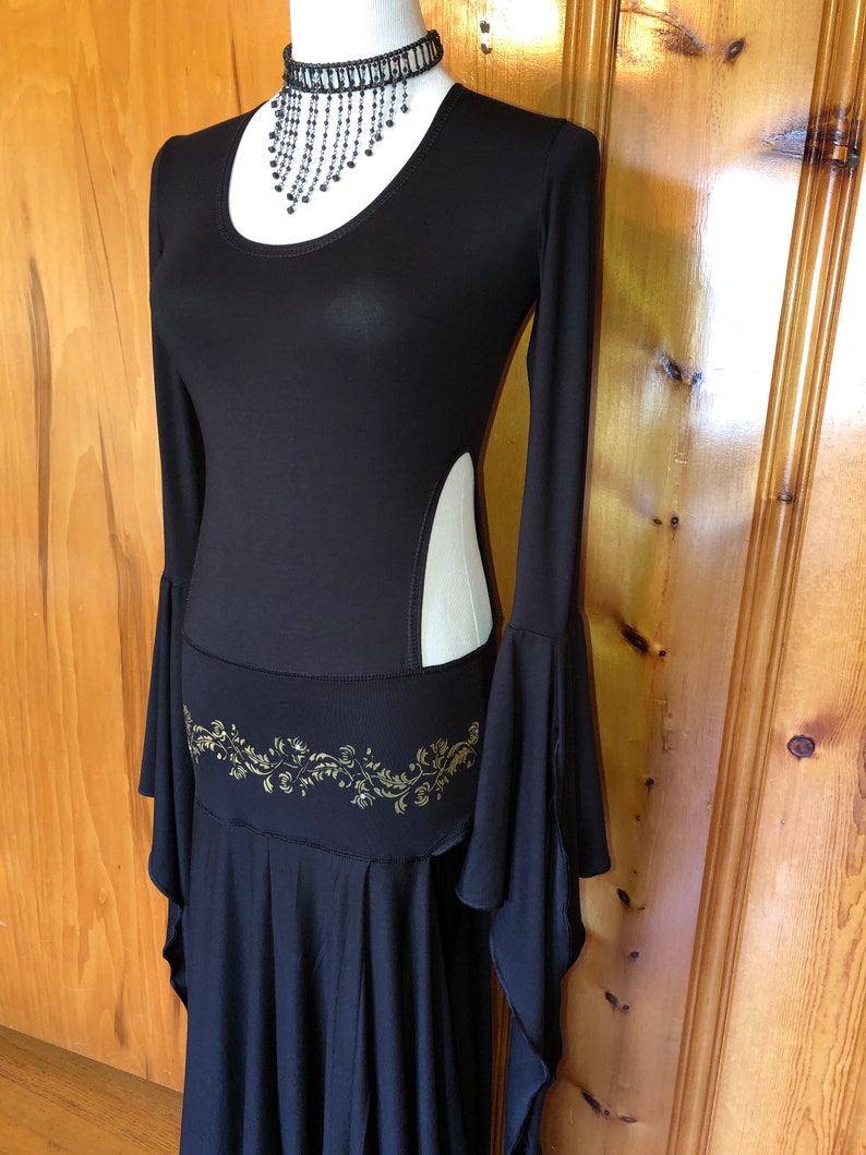 Priestess dress, medieval, ceremonial, perfomance, dancewear, soft stretch modal, hand-printed and diamante hip/waistband, also in black
