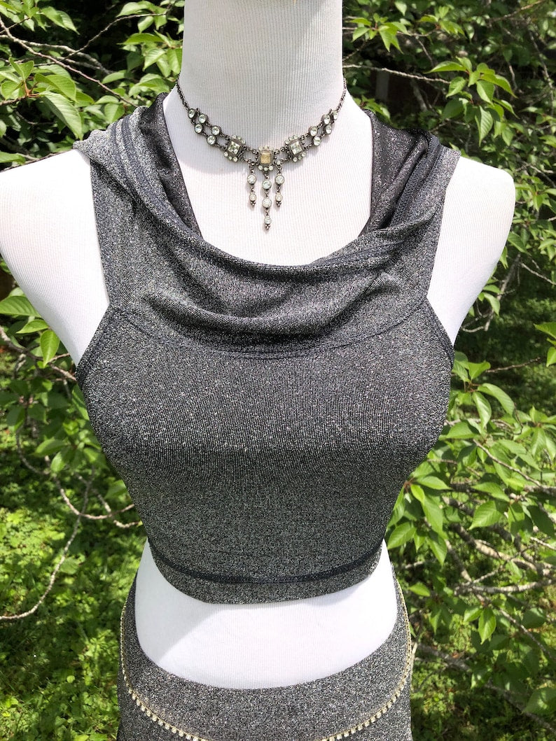 Silver Lurex Emma Hooded Crop Top, Midriff Racerback Tank Hoodie, Yoga, Athletic, Elven, Fairy, Burning Man, Fesitval Costume