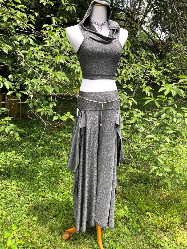 Silver Sparkle Sakura Open Hip Dance Pants, Low Rise, Wide Leg Flare, Bellydance Performance wear, Boho, Fairy, Elven, Burning Man, Harem