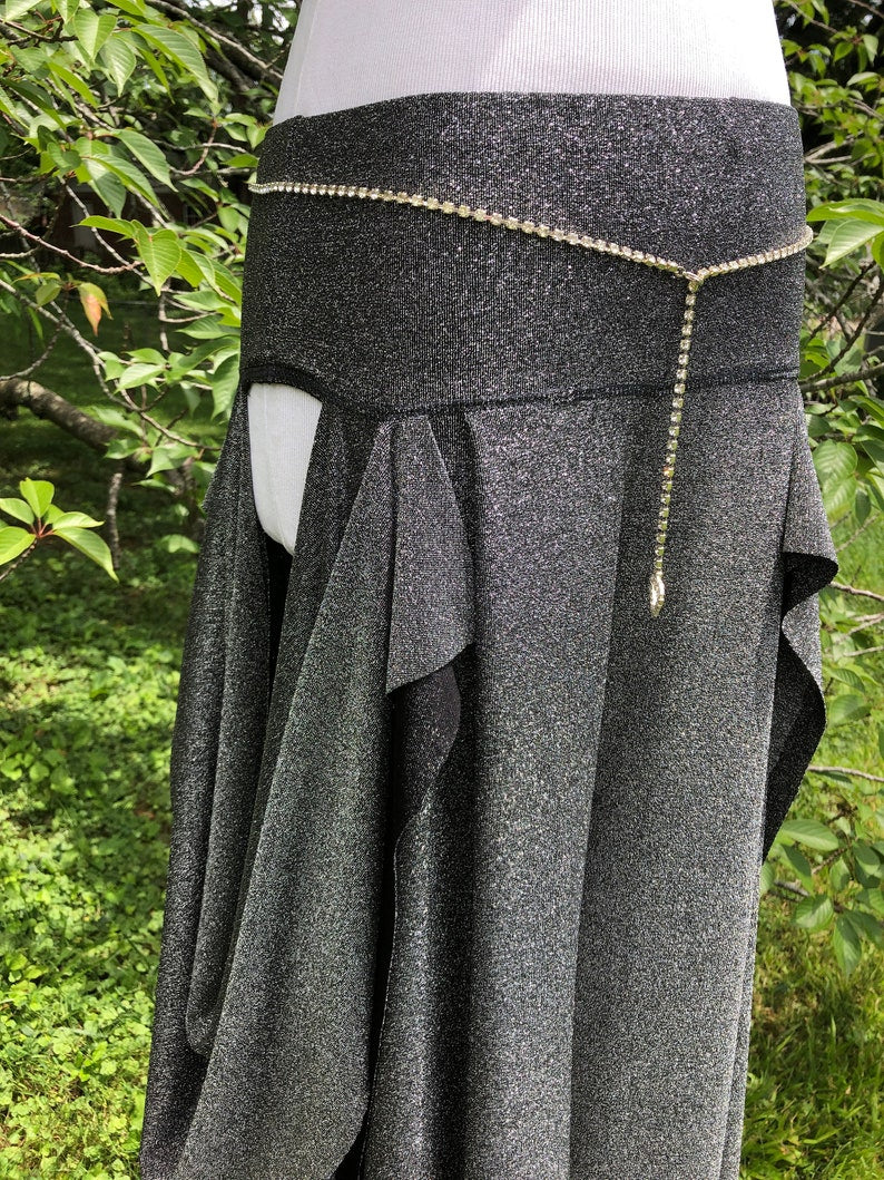 Silver Sparkle Sakura Open Hip Dance Pants, Low Rise, Wide Leg Flare, Bellydance Performance wear, Boho, Fairy, Elven, Burning Man, Harem