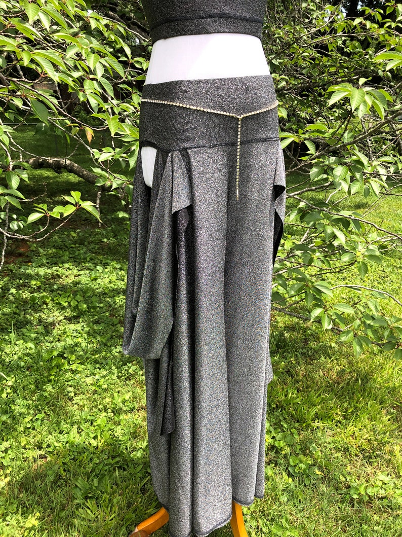 Silver Sparkle Sakura Open Hip Dance Pants, Low Rise, Wide Leg Flare, Bellydance Performance wear, Boho, Fairy, Elven, Burning Man, Harem