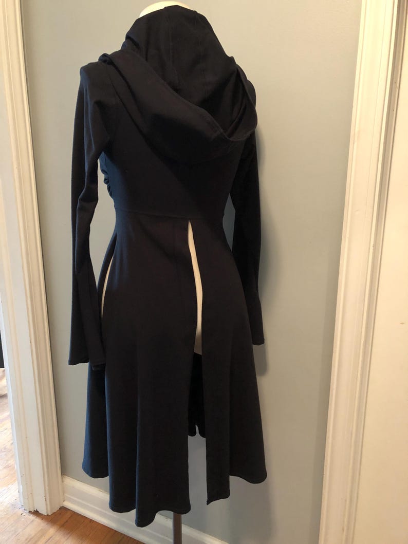Dominique Stretch Cotton Organic Hooded Fitted Maxi Jacket, Priestess, Black Fairy Coat, Elven, Medieval Costume, Gothic Hoodie, Medium ONLY