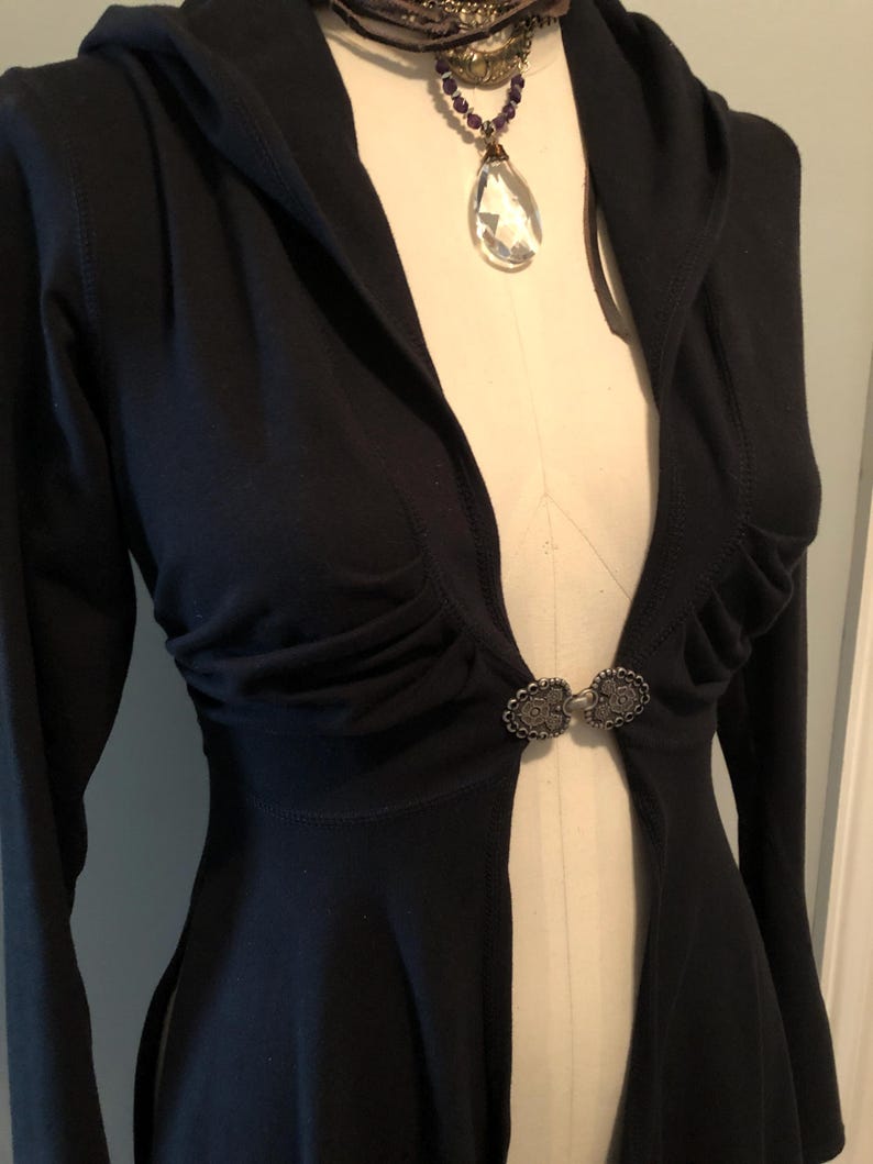 Dominique Stretch Cotton Organic Hooded Fitted Maxi Jacket, Priestess, Black Fairy Coat, Elven, Medieval Costume, Gothic Hoodie, Medium ONLY