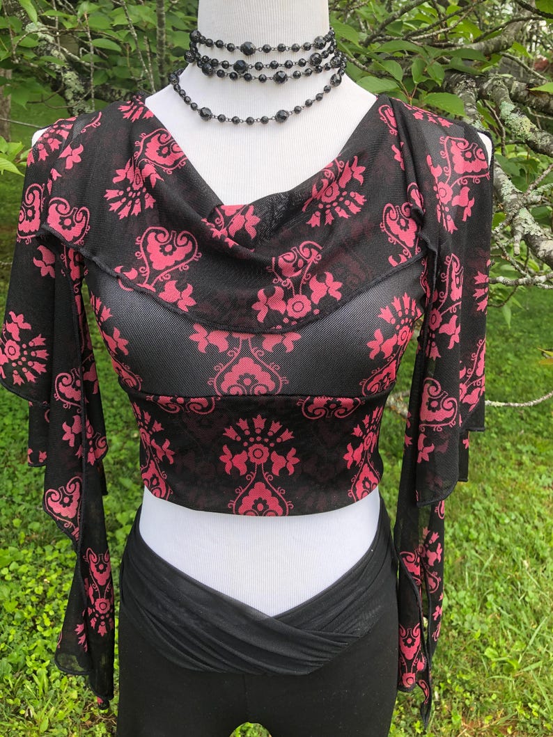 Cowl Neck Mesh Dance Crop Top - Long Tendrils, Boho Elven Fairy Bellydance Tribal Priestess, Ceremonial Flower Child Costume, Boho Print