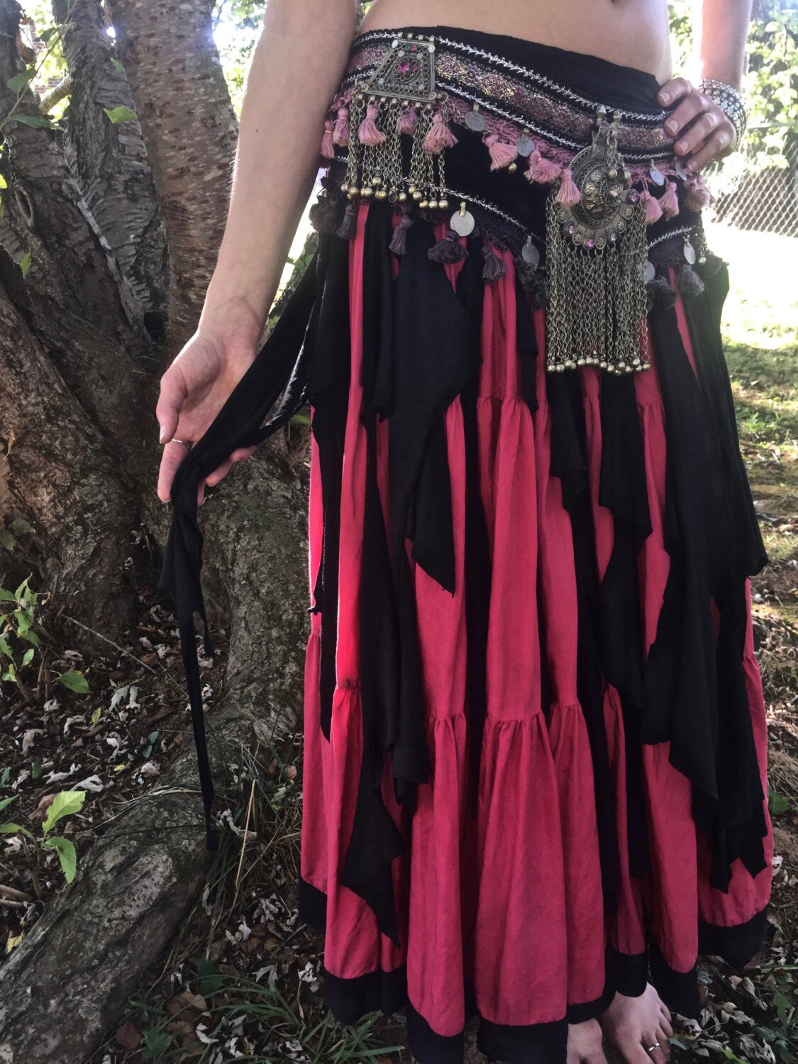 Ragamuffin Bellydance Wrap Skirt Belt, Tattered Tribal Fringe Layering Skirt, Rave, Fairy, Witch Costume, Adjustable, Other Colors