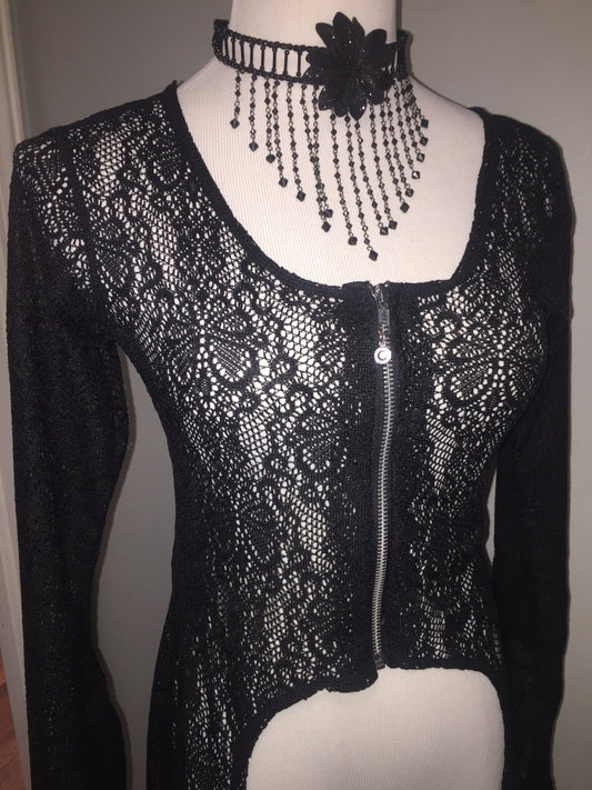SALE Huntress Duster Jacket, Black Lace, Small ONLY Priestess Robe, High Low Sweater, Scoop Neck Sweater, Lace Cardigan, Maxi Length