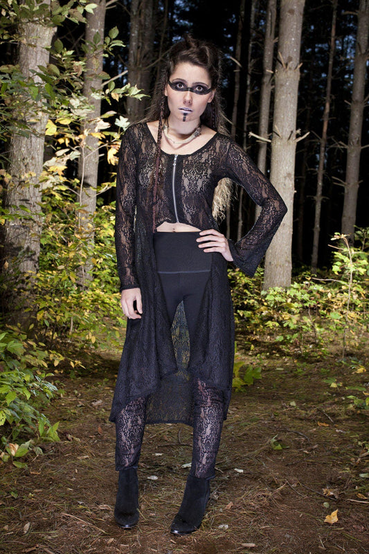 SALE Huntress Duster Jacket, Black Lace, Small ONLY Priestess Robe, High Low Sweater, Scoop Neck Sweater, Lace Cardigan, Maxi Length