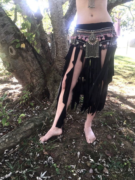 Ragamuffin Bellydance Wrap Skirt Belt, Tattered Tribal Fringe Layering Skirt, Rave, Fairy, Witch Costume, Adjustable, Other Colors