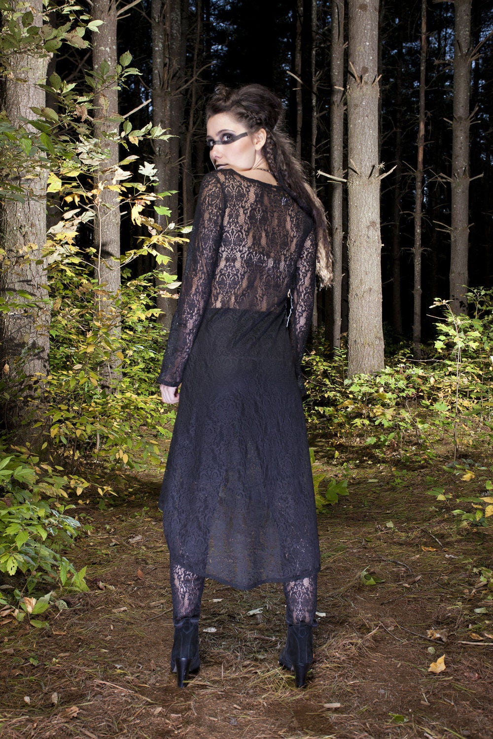 SALE Huntress Duster Jacket, Black Lace, Small ONLY Priestess Robe, High Low Sweater, Scoop Neck Sweater, Lace Cardigan, Maxi Length