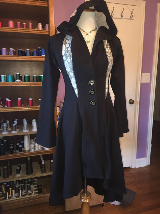 Diana Long Fitted Evening Jacket Hooded Maxi Coat, Buttons, Pockets in Organic Black Cotton Lycra, MEDIUM ONLY, Medieval Renaissance Costume