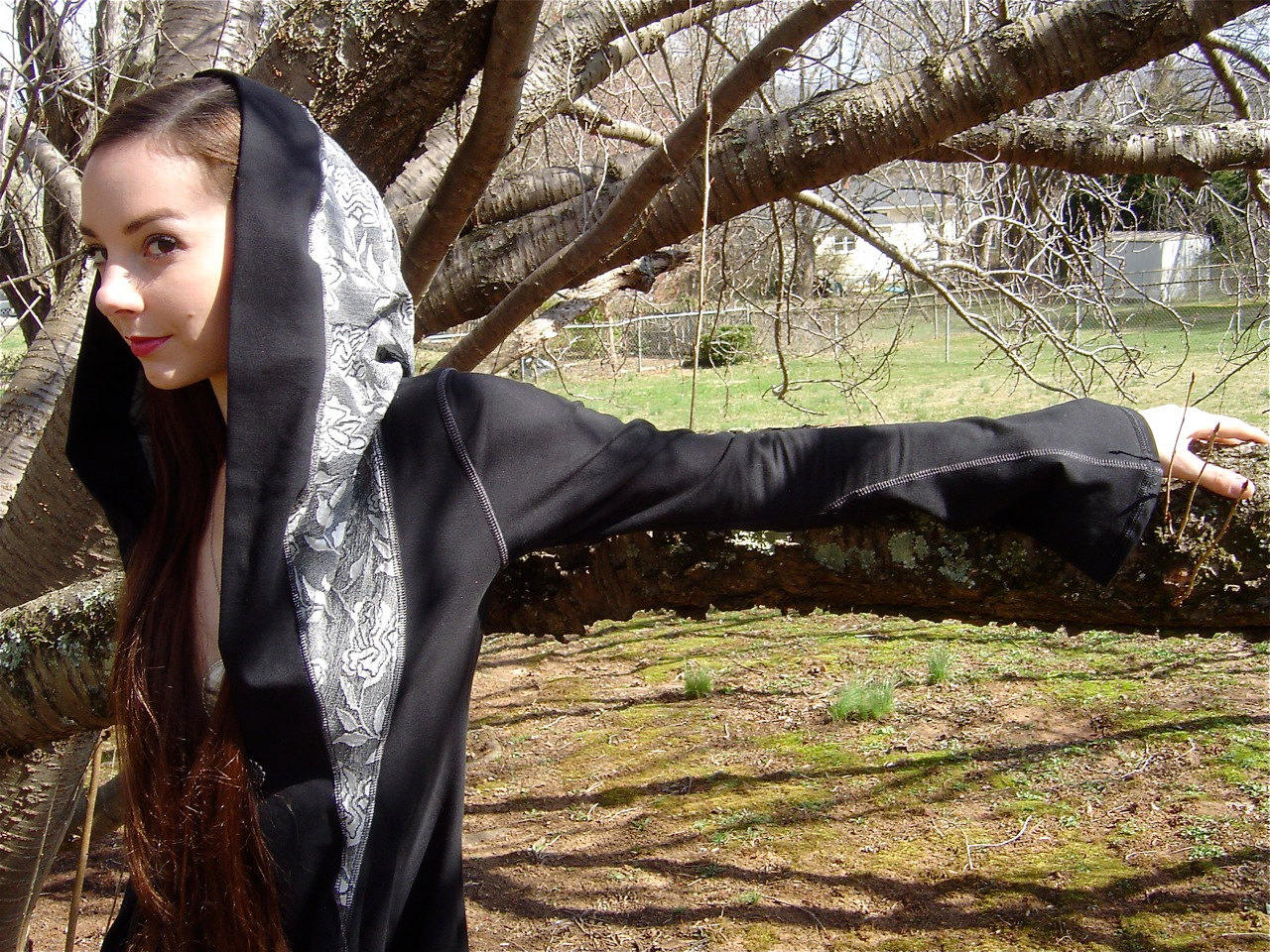 Diana Long Fitted Evening Jacket Hooded Maxi Coat, Buttons, Pockets in Organic Black Cotton Lycra, MEDIUM ONLY, Medieval Renaissance Costume